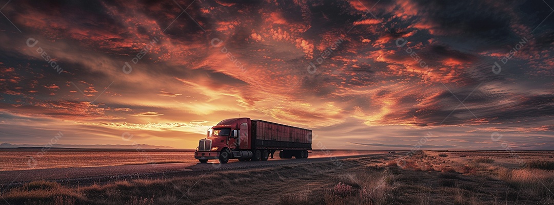 Grande caminhão se afastando ao pôr do sol