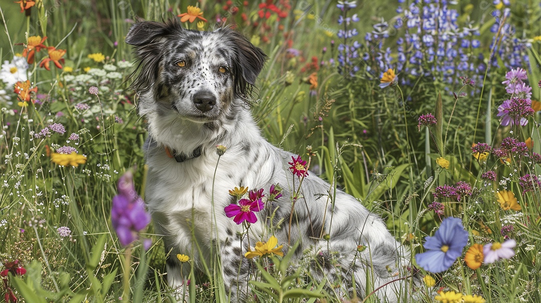 Cachorro da raça Pastor australiano fofo sobre campo