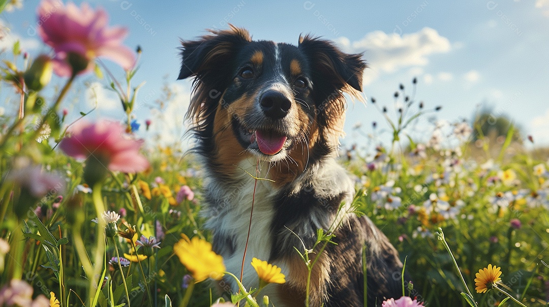 Cachorro da raça Pastor australiano fofo sobre campo