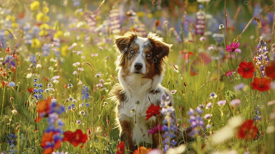 Cachorro da raça Pastor australiano fofo sobre campo