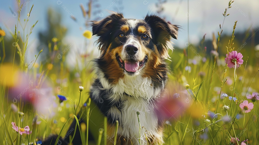 Cachorro da raça Pastor australiano fofo sobre campo