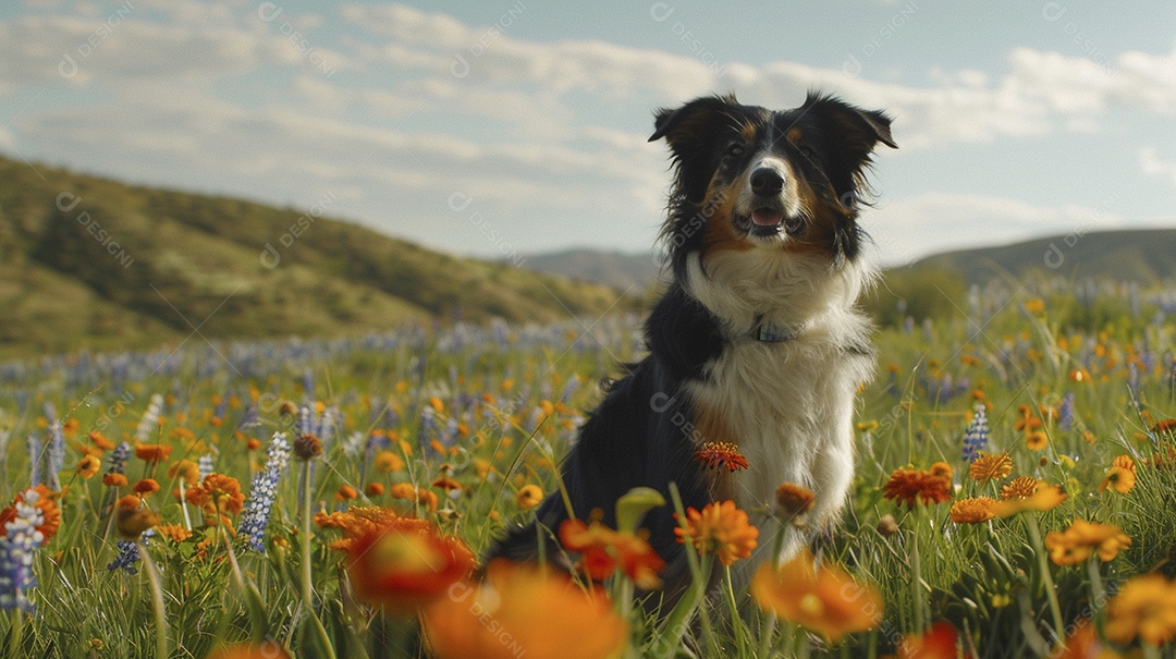 Cachorro da raça Pastor australiano fofo sobre campo