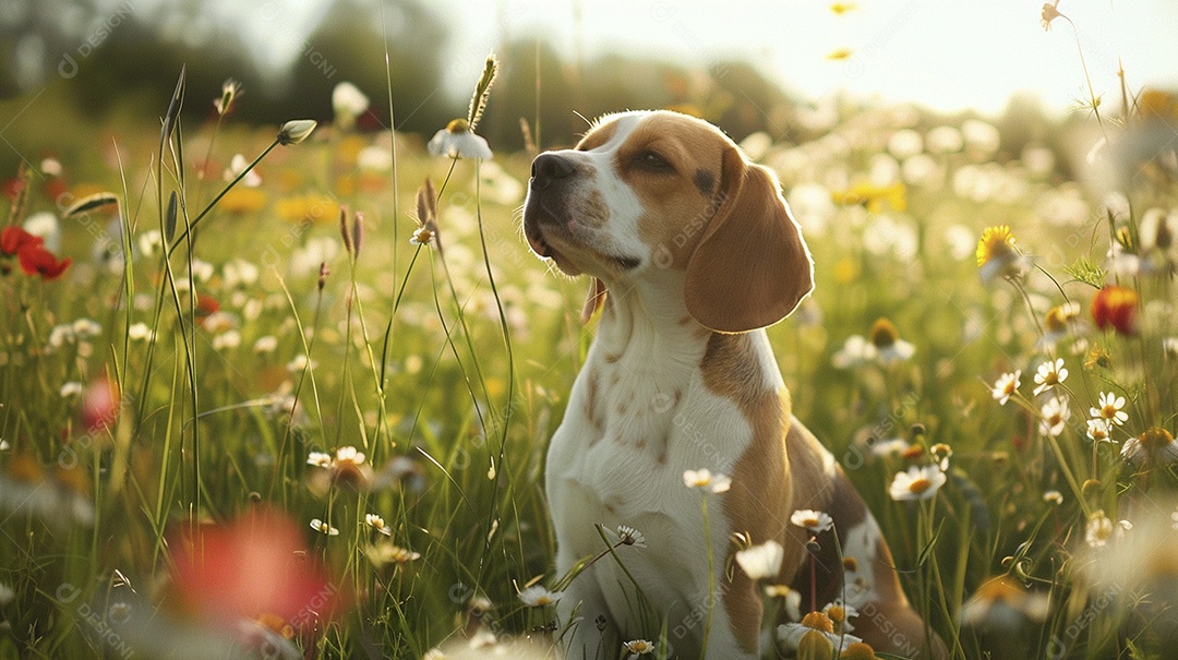 Cachorro da raça Beagle fofo sobre campo