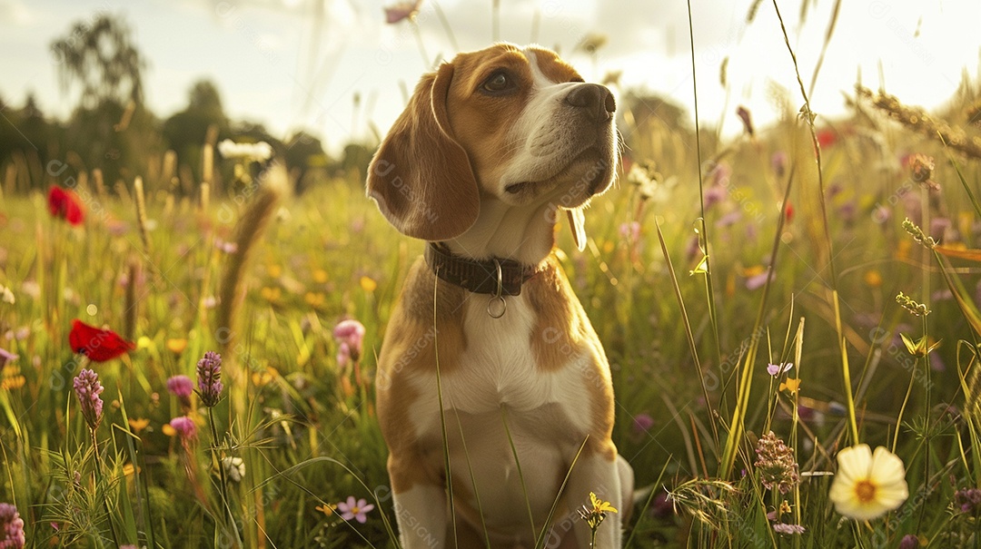 Cachorro da raça Beagle fofo sobre campo