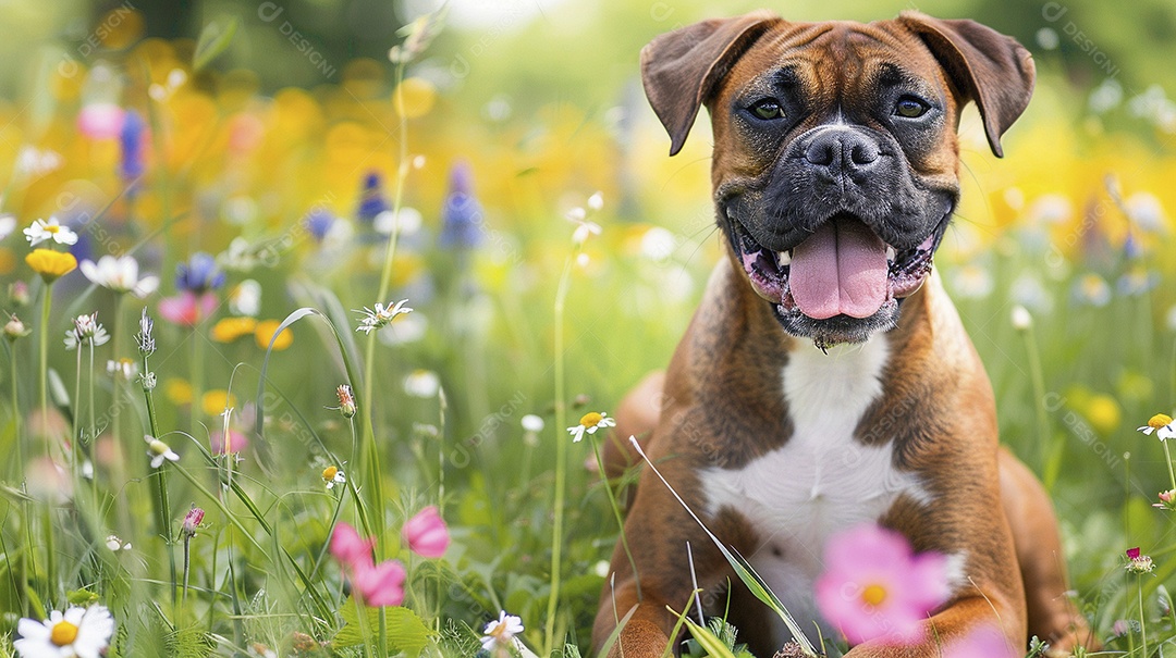 Cachorro da raça Boxer fofo sobre campo