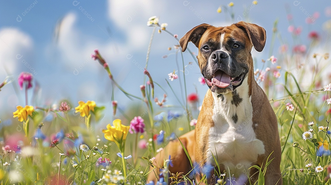 Cachorro da raça Boxer fofo sobre campo