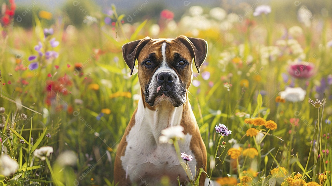 Cachorro da raça Boxer fofo sobre campo