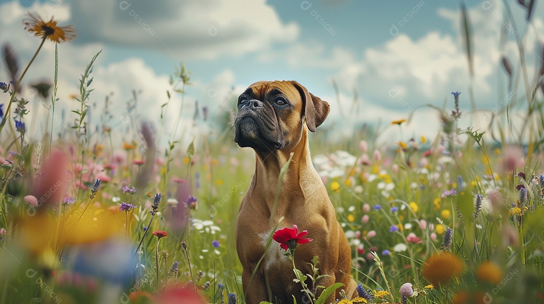 Cachorro da raça Boxer fofo sobre campo