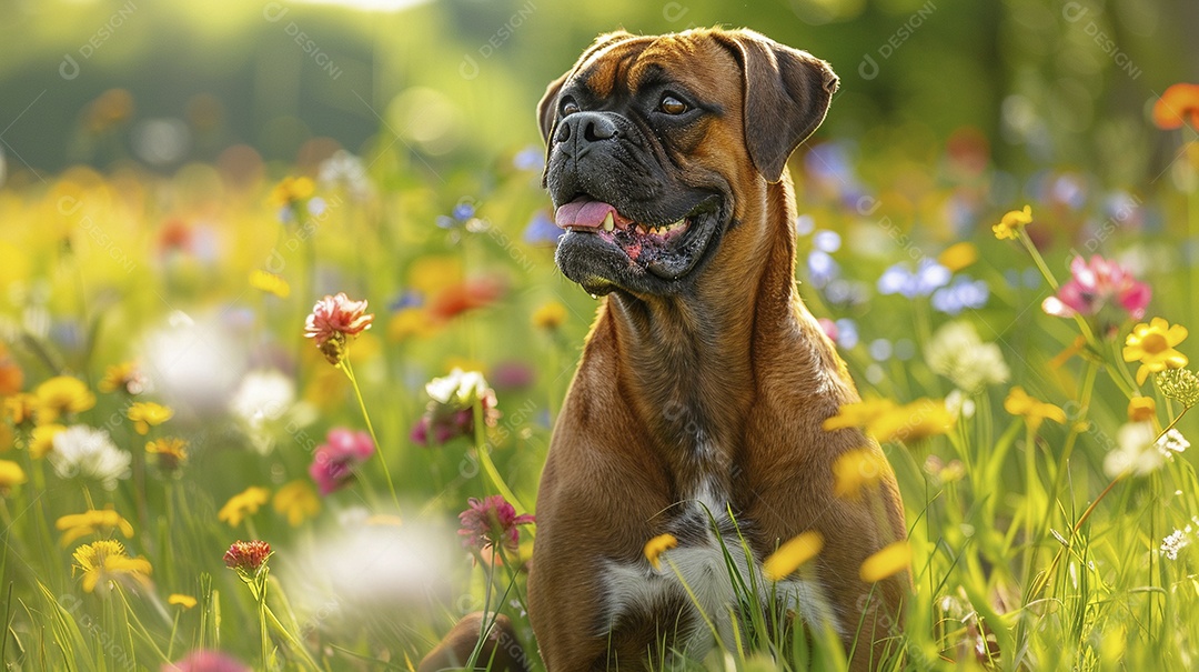 Cachorro da raça Boxer fofo sobre campo