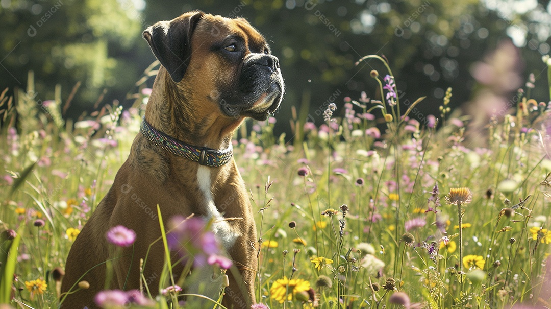 Cachorro da raça Boxer fofo sobre campo