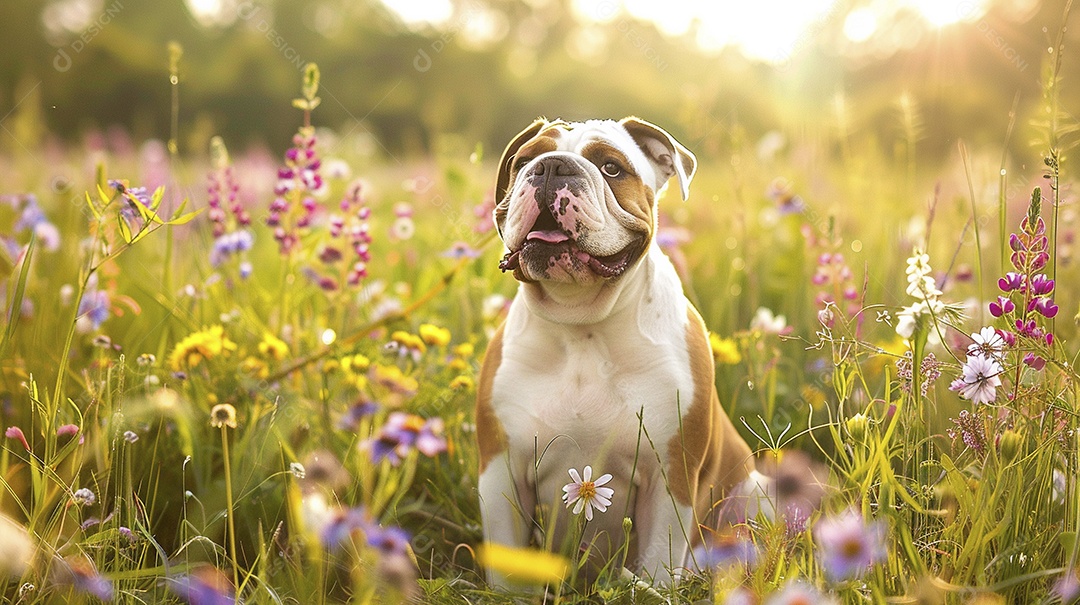 Cachorro da raça Bulldog sobre campo