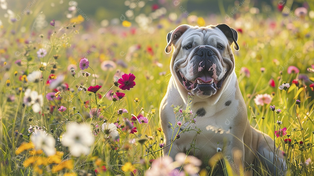 Cachorro da raça Bulldog sobre campo