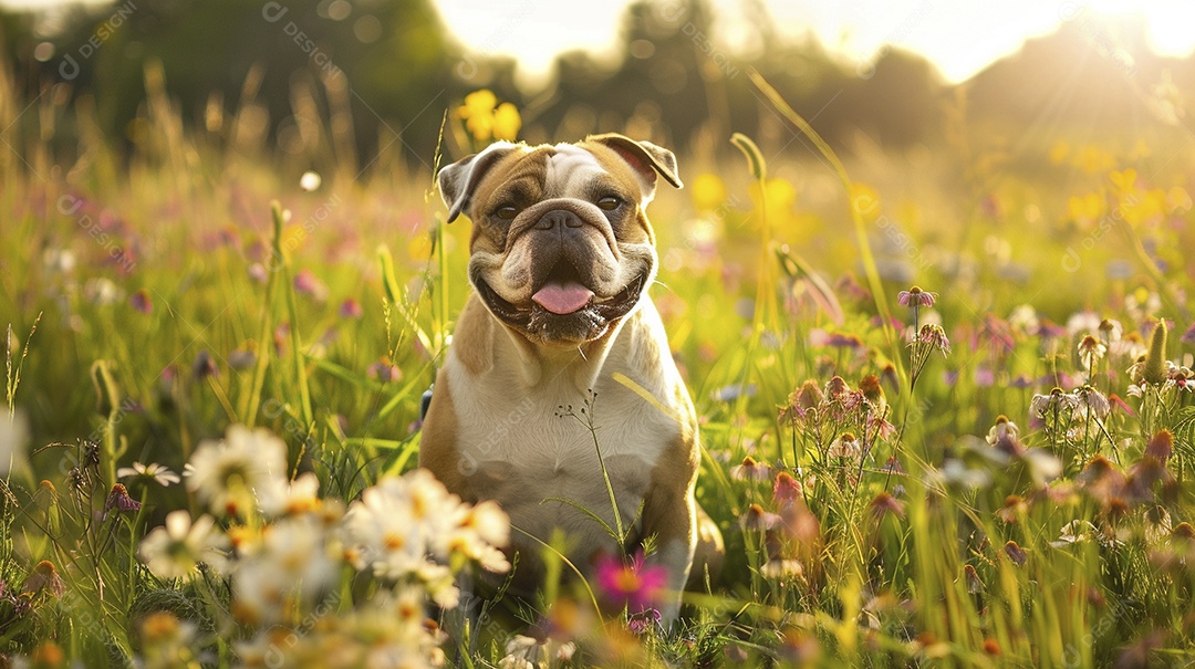 Cachorro da raça Bulldog sobre campo