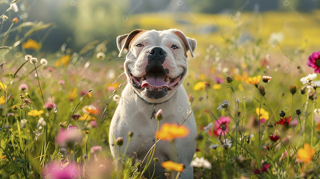 Cachorro da raça Bulldog sobre campo