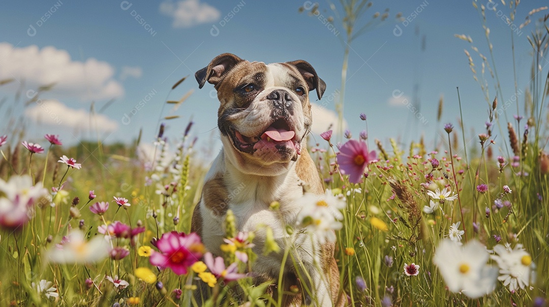 Cachorro da raça Bulldog sobre campo