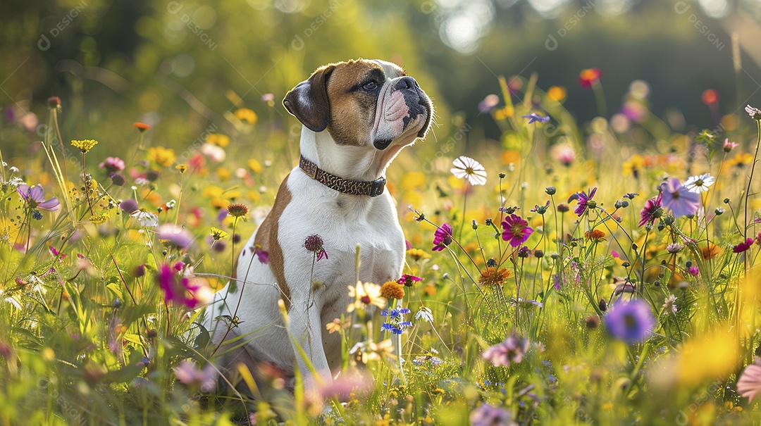 Cachorro da raça Bulldog sobre campo