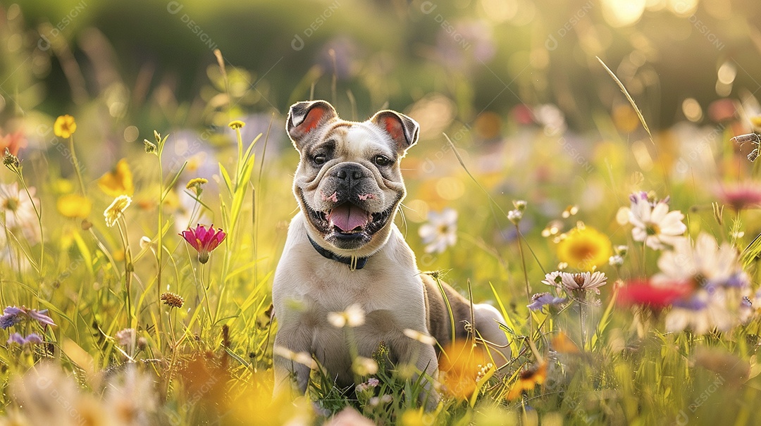 Cachorro da raça Bulldog sobre campo