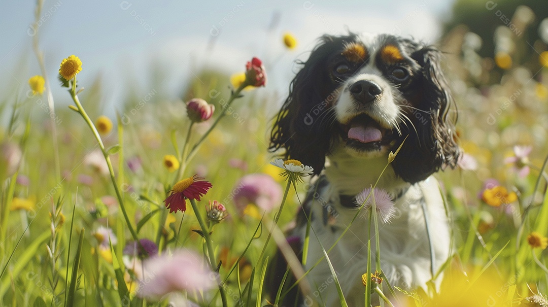 Cachorro da raça Cavalier King Charles Spaniel sobre campo