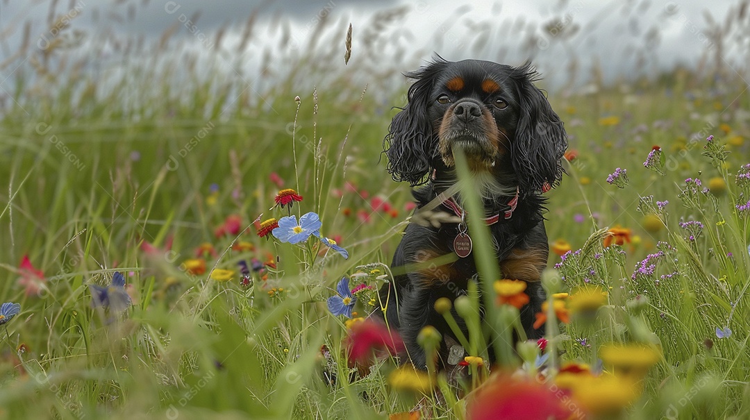 Cachorro da raça Cavalier King Charles Spaniel sobre campo