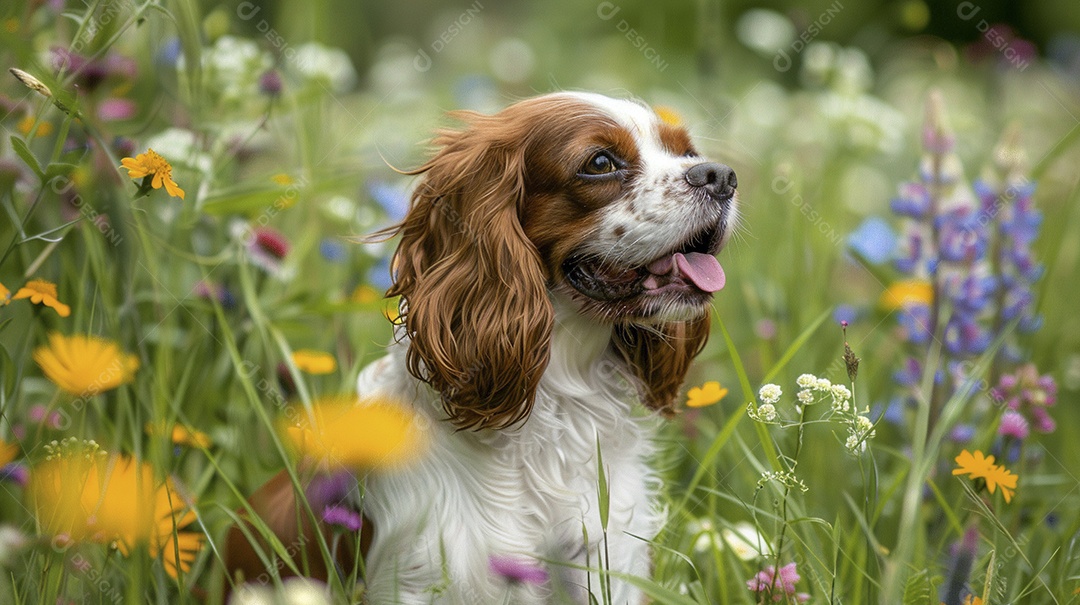 Cachorro da raça Cavalier King Charles Spaniel sobre campo