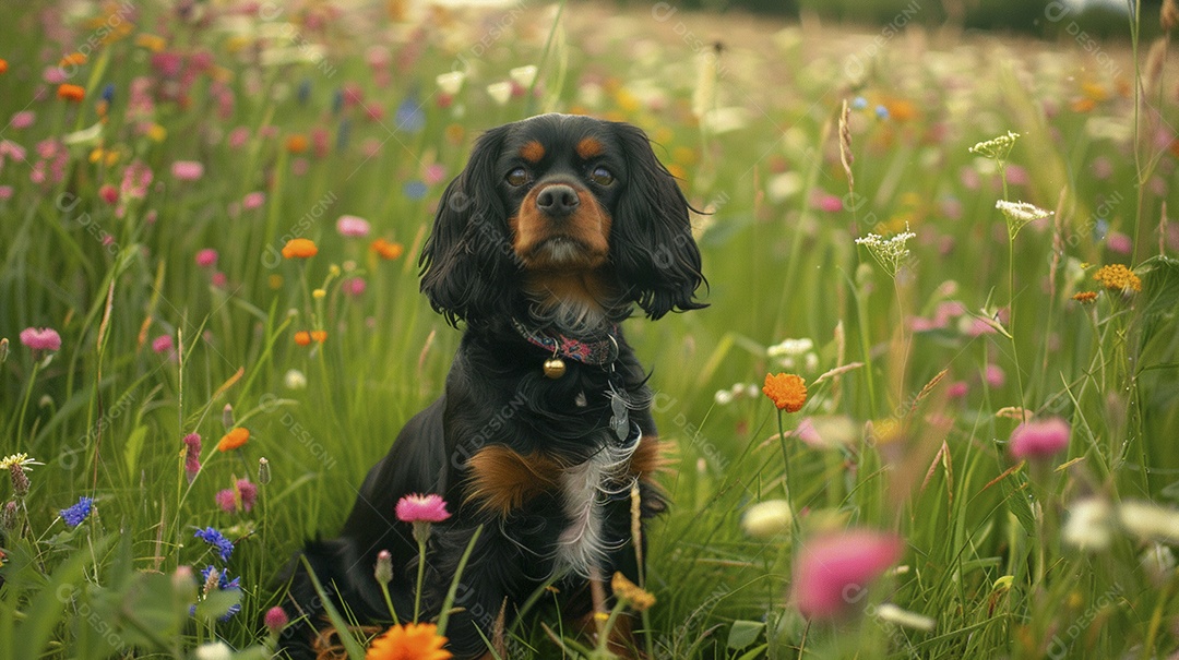 Cachorro da raça Cavalier King Charles Spaniel sobre campo