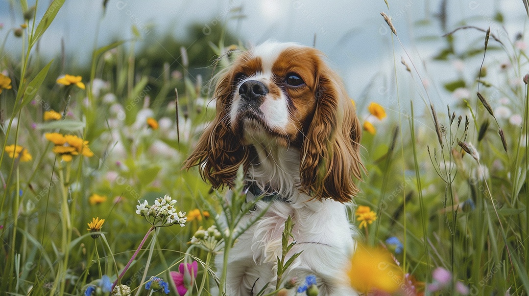 Cachorro da raça Cavalier King Charles Spaniel sobre campo