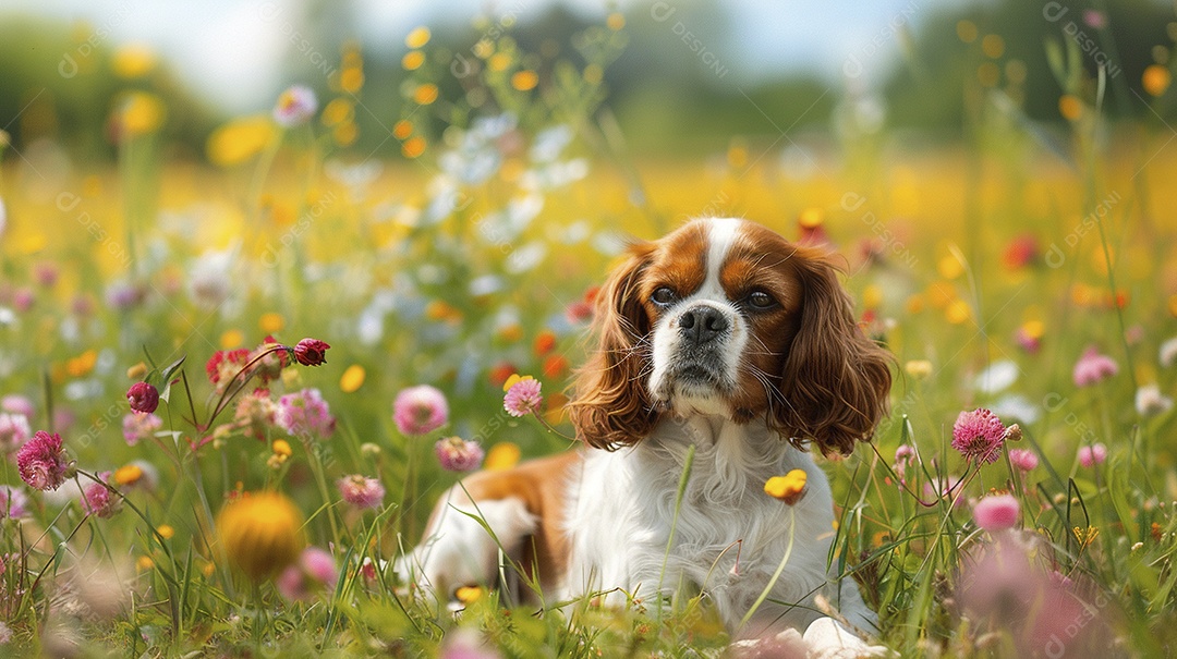 Cachorro da raça Cavalier King Charles Spaniel sobre campo