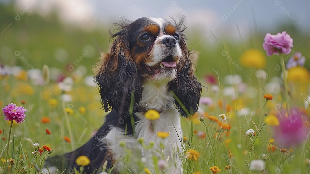 Cachorro da raça Cavalier King Charles Spaniel sobre campo