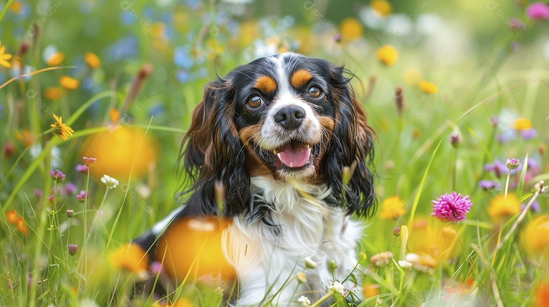 Cachorro da raça Cavalier King Charles Spaniel sobre campo
