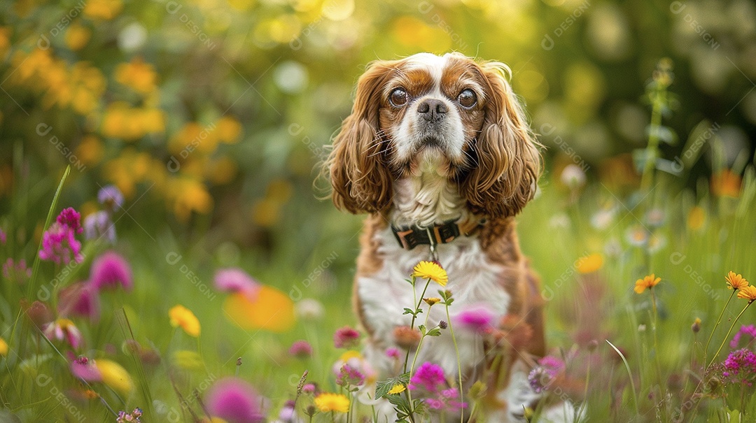 Cachorro da raça Cavalier King Charles Spaniel sobre campo
