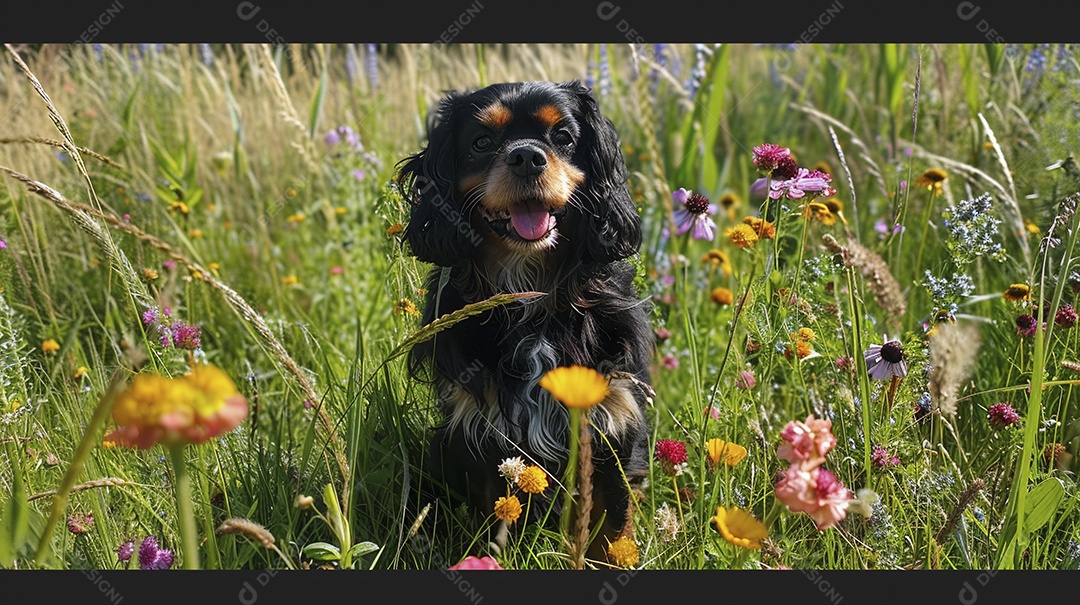 Cachorro da raça Cavalier King Charles Spaniel sobre campo