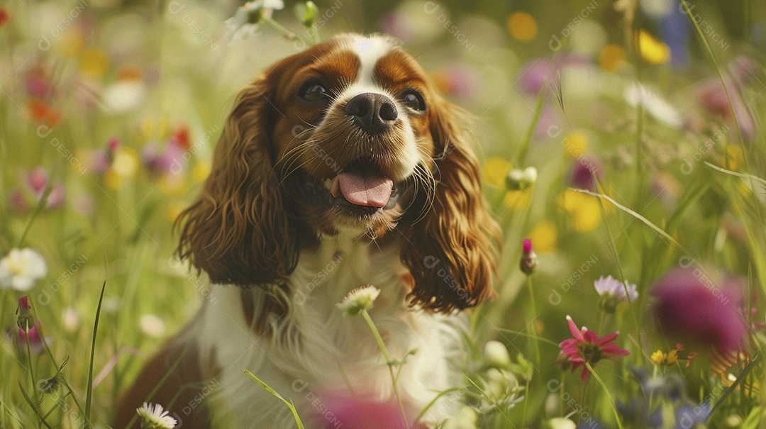 Cachorro da raça Cavalier King Charles Spaniel sobre campo
