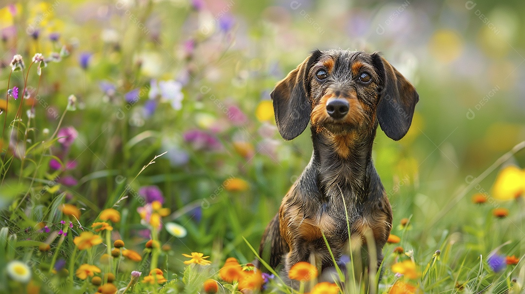 Cachorro da raça Dachshund sobre campo