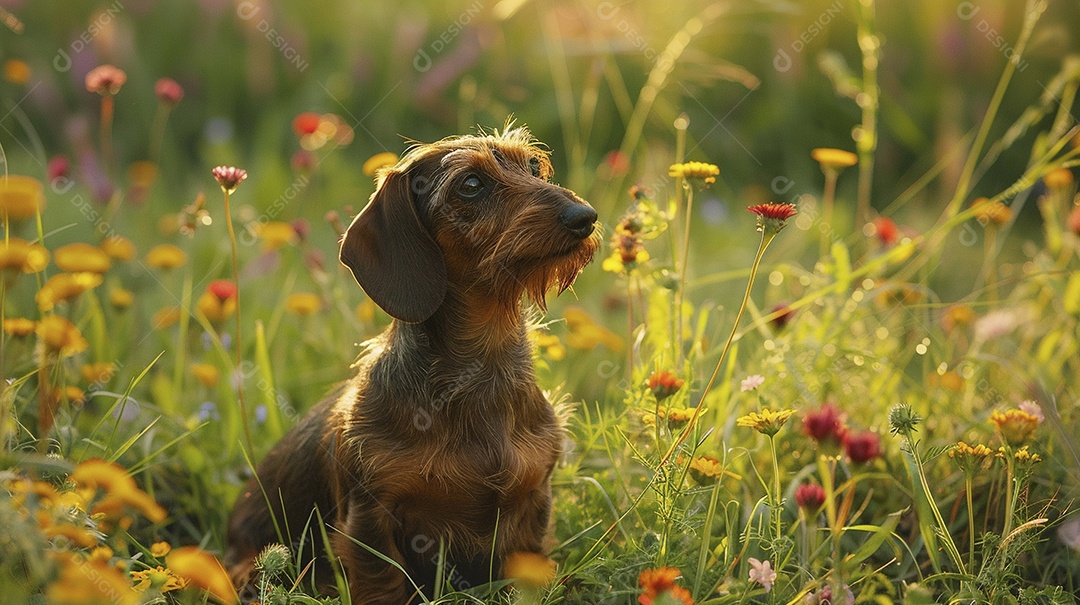 Cachorro da raça Dachshund sobre campo