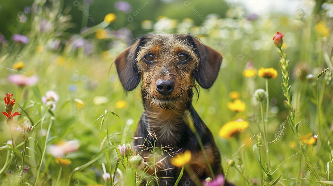 Cachorro da raça Dachshund sobre campo