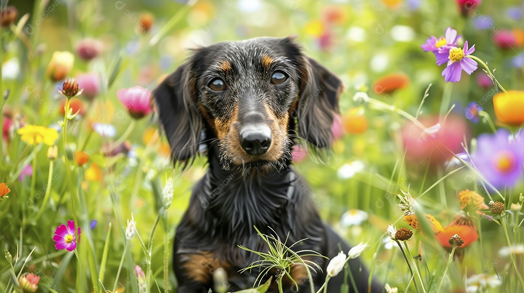 Cachorro da raça Dachshund sobre campo