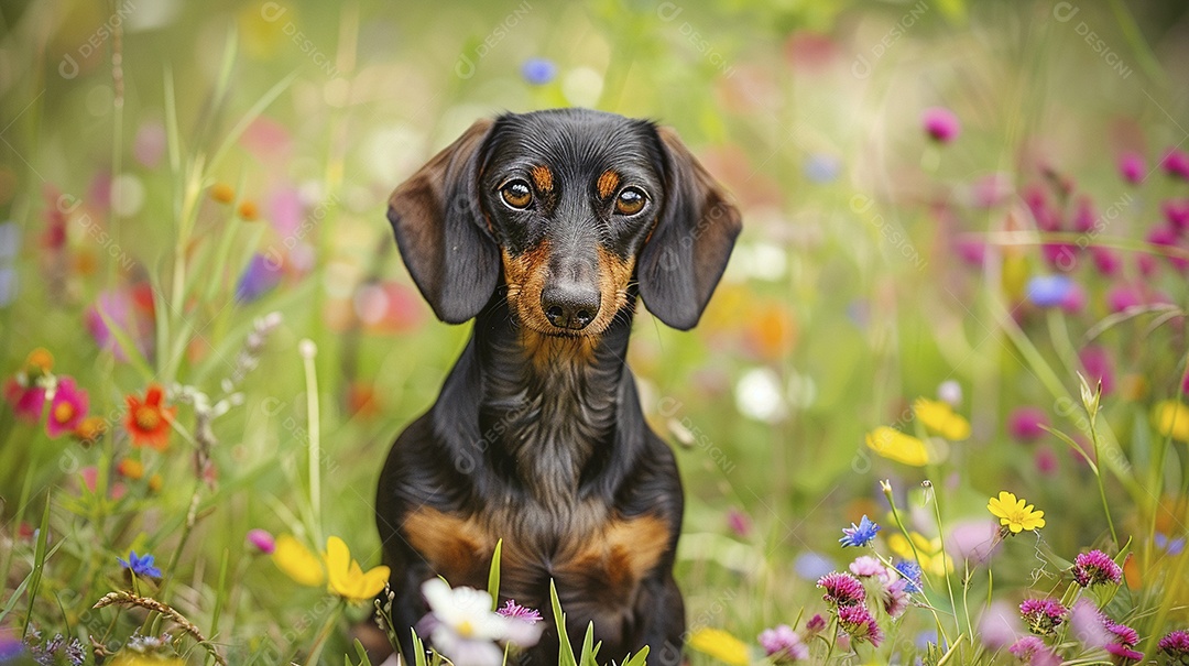 Cachorro da raça Dachshund sobre campo