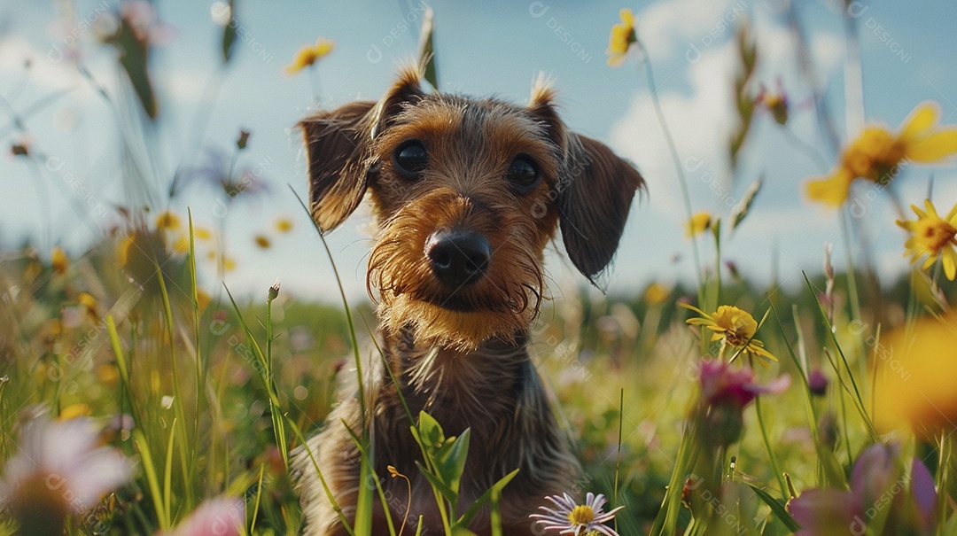 Cachorro da raça Dachshund sobre campo