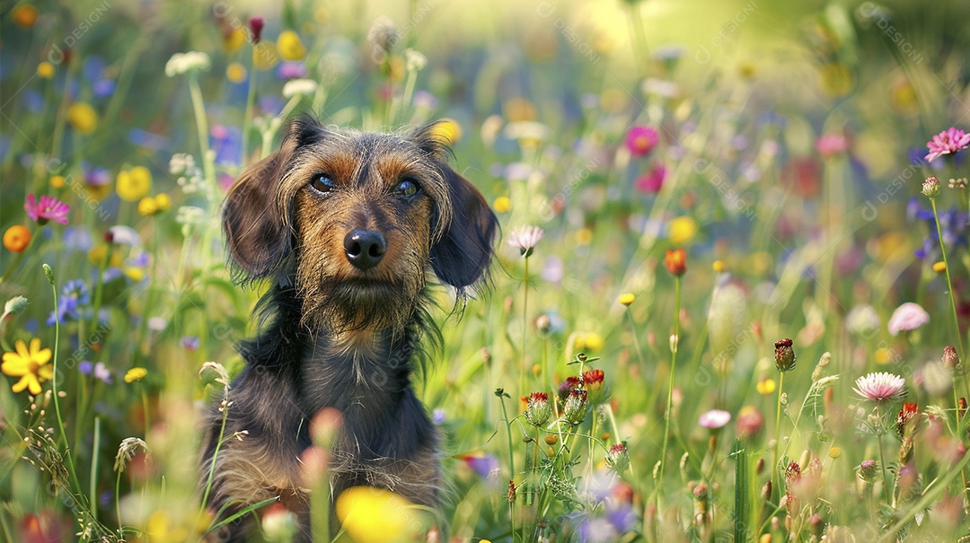 Cachorro da raça Dachshund sobre campo