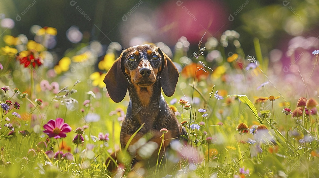 Cachorro da raça Dachshund sobre campo