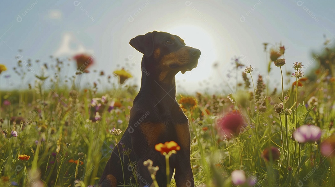 Cachorro da raça Pinscher sobre campo