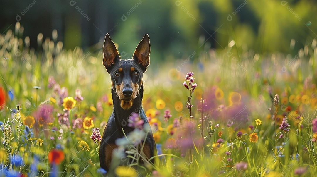 Cachorro da raça Pinscher sobre campo