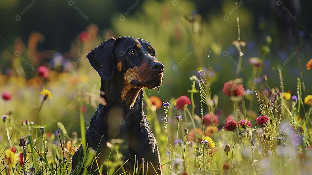 Cachorro da raça Pinscher sobre campo