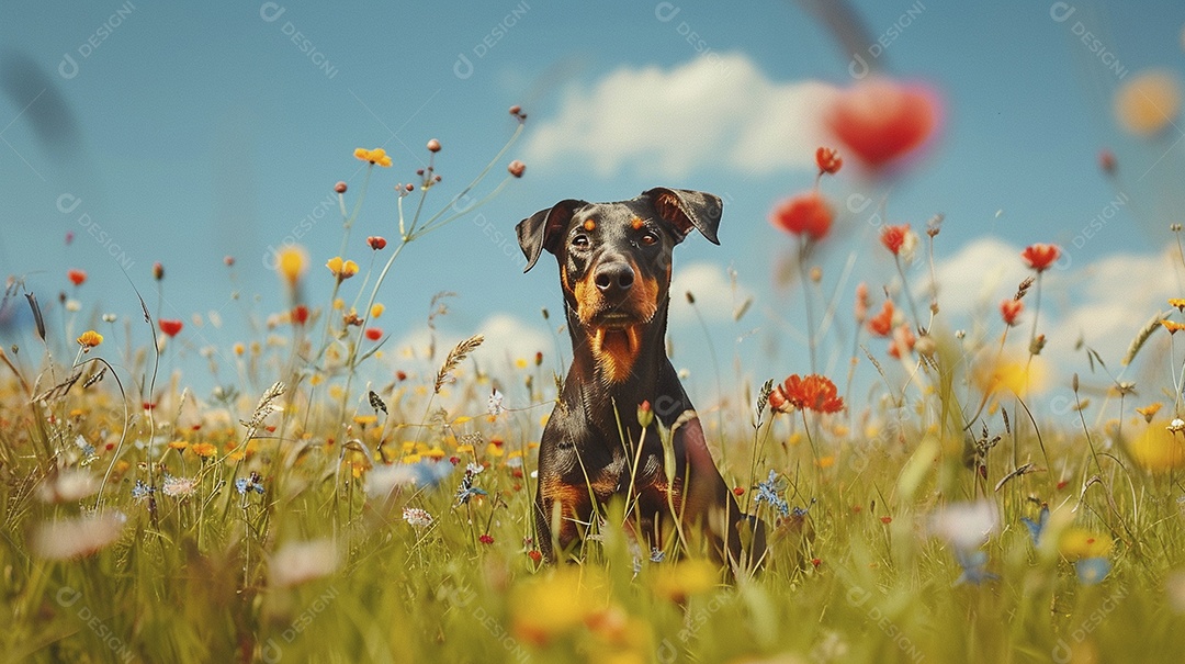 Cachorro da raça Pinscher sobre campo