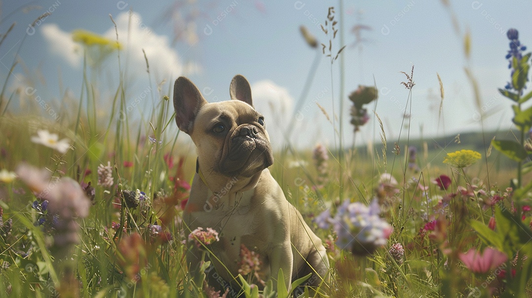 Cachorro da raça French Bulldog sobre campo