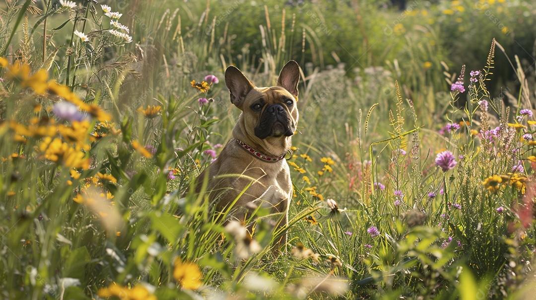 Cachorro da raça French Bulldog sobre campo