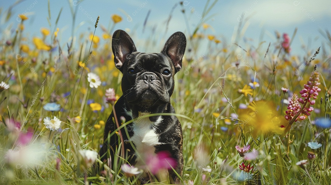 Cachorro da raça French Bulldog sobre campo