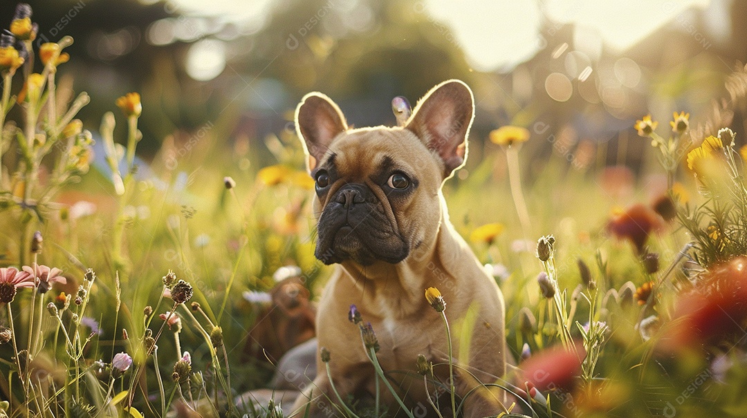 Cachorro da raça French Bulldog sobre campo