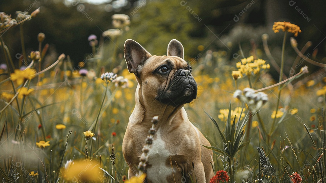 Cachorro da raça French Bulldog sobre campo