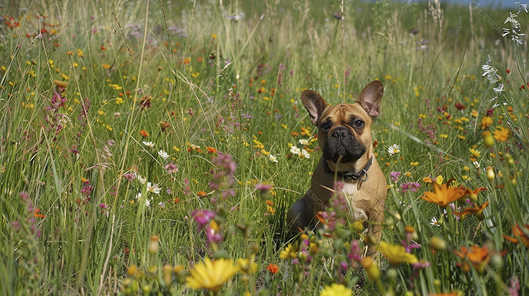 Cachorro da raça French Bulldog sobre campo